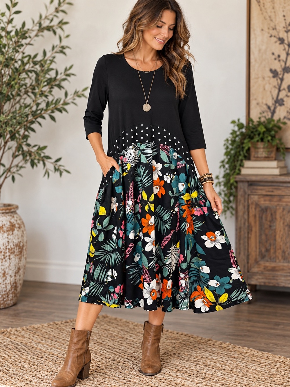 Shana Black Floral Polka Dot Mixed Print Lagenlook Midi Dress M